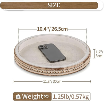 Hanobe Round Wooden Decorative Tray: White Washed Bead Tray Decor for Coffee Table Centerpiece Rustic Farmhouse Tray for Kitchen Counter Living Room Easter Decoration