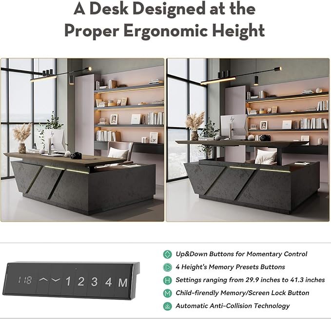 94.5" Adjustable Height L-Shaped Executive Desk with LED Light Strip - Black Inverted Trapezoid Design, Includes Storage Cabinet with Drawers & Doors, Ergonomic Standing Office Desk for Home & Office