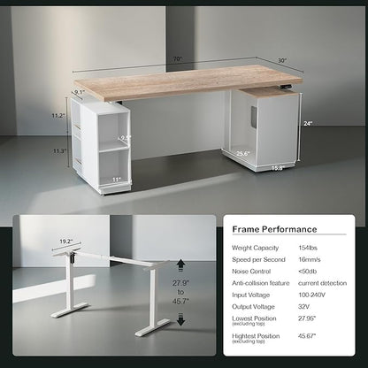 71" Standing Desk with 2 File Cabinet, AC/USB, 1.18" Desktop, L Shaped Height Adjustable Desk, Electric Furniture Set with Multiple Functions for Home and Office, Light Walnut