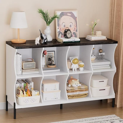 8 Cube Book Shelf, Low and Short Bookshelf, Long Cube Storage Organizer Wood TV Stand, Toy Organization DVD Cabinets for Living Room, Office, Bedroom, Dorm, White with Dark Brown Top