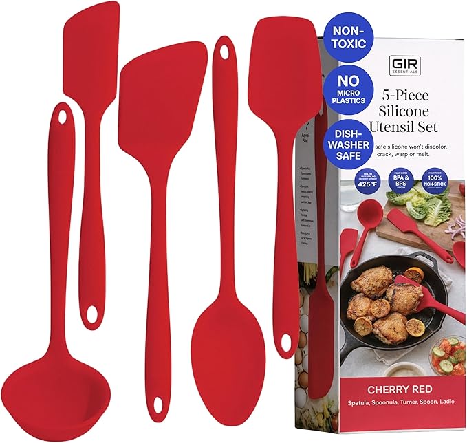 GIR 5-Piece Silicone Kitchen Utensils Set, Non-Toxic Cooking Utensils for Cooking and Baking, Heat Resistant, Food Grade, Dishwasher Safe Rubber Spatula, Ladle, Spoon - Cherry Red