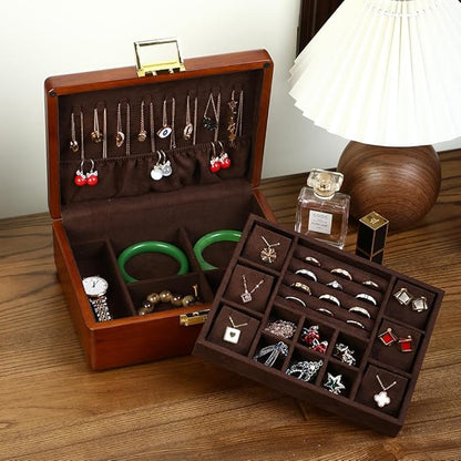 Solid Walnut Wood Jewelry Box with Lock,2 Layer Velvet Wood Jewelry Organizer Storage Lined for Earrings Rings Necklaces Bracelets Cufflink Gift Idea for Men Women, Vintage Brown