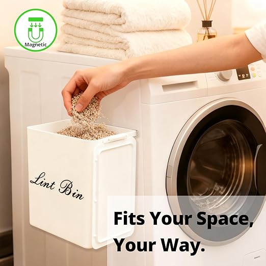 Artilife Magnetic Plastic Lint Bin with Lid for Laundry Room, 6 X 5 Inch Compact Wall Mount Lint Holder for Dryer, Small White ABS Trash Can for Dryer Lint and Sheets