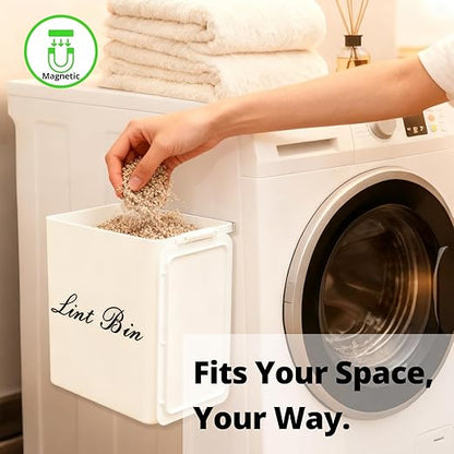 Artilife Magnetic Plastic Lint Bin with Lid for Laundry Room, 6 X 5 Inch Compact Wall Mount Lint Holder for Dryer, Small White ABS Trash Can for Dryer Lint and Sheets
