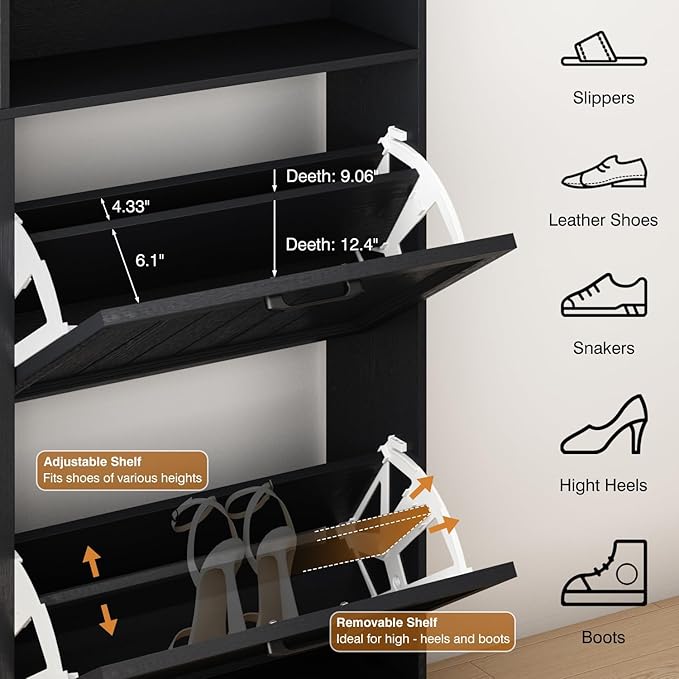 Shoe Storage Cabinet with 4 Flip Drawers, Farmhouse Modern Hidden Shoes Rack Cabinet with Adjustable Shelves & Open Storage, Narrow Slim Shoe Organizer for Front Door Entrance, Entryway, Hallway,Black