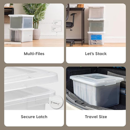 IRIS USA File Box with Lid, File Storage Box for Letter Size Documents, Portable Plastic File Box, Stackable Nestable Organizer, 35 Qt, 4 Pack, Pearl