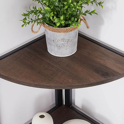 FATORRI Rustic Tall Corner Shelf, 5 Tier Industrial Corner Bookshelf for Living Room, Dark Wood and Metal Corner Plant Stand for Home Office (Walnut Brown)