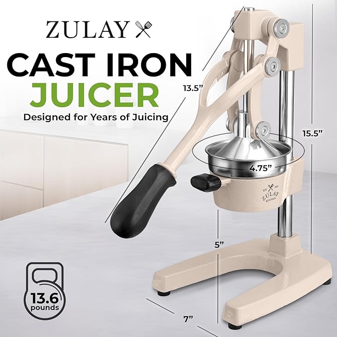 Zulay Kitchen Cast Iron Juicer - Heavy Duty Manual Juicer with Detachable Strainers for Easy Cleaning, Orange Juice Press for Citrus Fruits, Perfect for Bartenders, Juice Lovers & Health Enthusiasts