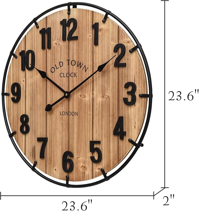 MICWIC 24 Inch Farmhouse Wall Clock Large Old Town Vintage Rustic Wooden Clock with Metal Rim and Large Numerals, Silent Battery-Operated for Office, Kitchen, Bedroom, and Living Room