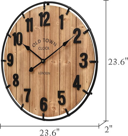 MICWIC 24 Inch Farmhouse Wall Clock Large Old Town Vintage Rustic Wooden Clock with Metal Rim and Large Numerals, Silent Battery-Operated for Office, Kitchen, Bedroom, and Living Room