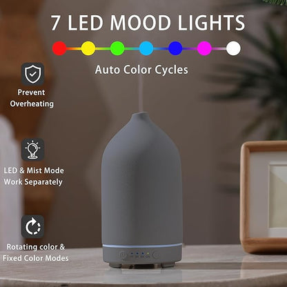 200ML Ceramic Essential Oil Diffuser - Ultrasonic Aromatherapy & Humidifier with 7-Color LED Lights, Auto Shut-Off, Grey, 1H/3H/6H Timer | Scent for Home,Office,Yoga