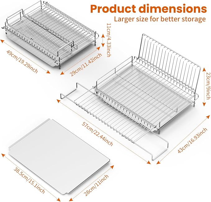 Dish Drying Rack - Stainless Steel Expandable Large Dish Drainer for Kitchen Counter, with Stainless Drain Board Rustproof Collapsible Organizer Space Saving