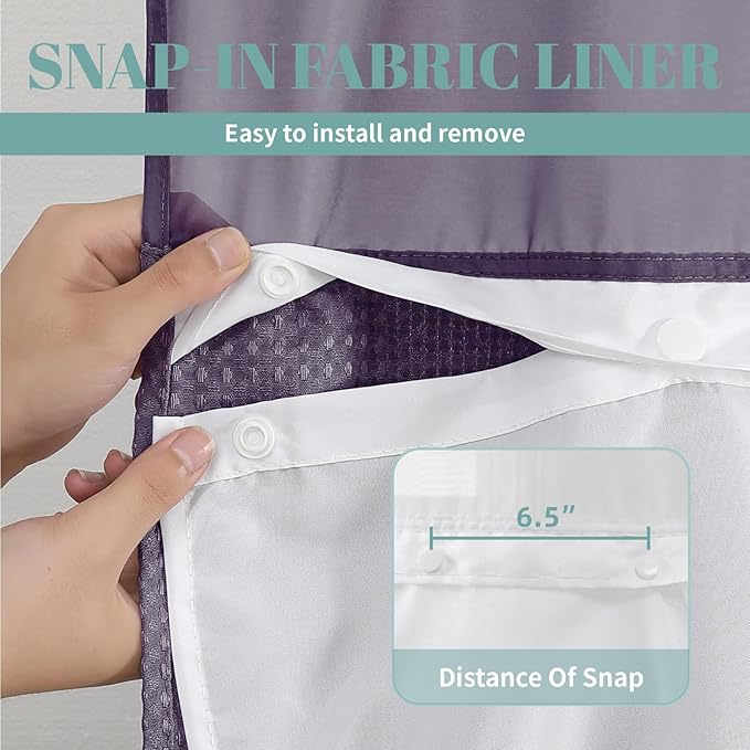 Purple Long No Hook Waffle Weave Shower Curtain with snap-in Liner Replacement, 230GSM Waterproof Fabric Hotel Shower Curtain Set for Bathroom, Through Mesh Top Window,71Wx80H