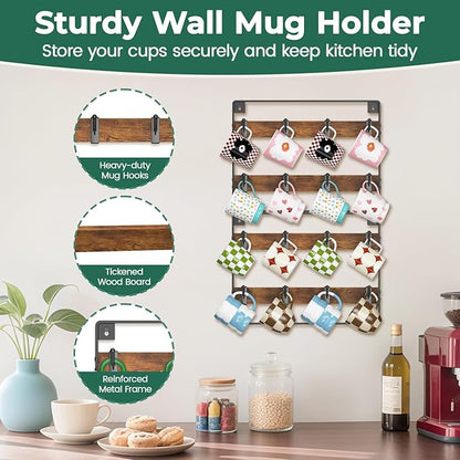 EsLuker.ly Mug Holder Hanger Rack Wall Mounted Wooden 2 Pack Coffee Cup Storage Organizer Display Shelf with 16 Movable Plastic Hooks, Ideal for Mug Collectors