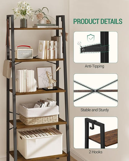 Ladder Shelf, Bookshelf Bookcase, Freestanding Corner Storage Shelve with 2 Hooks for Home Office, Living Room, Kitchen, Bedroom, Industrial, 11.8" D x 23.6" W x 63" H, Rustic Brown BC19301B