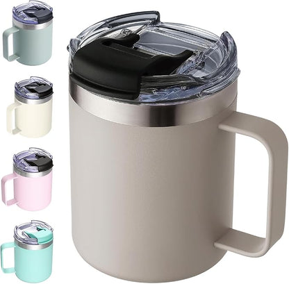 12oz Insulated Coffee Mug Cup with Handle, Stainless Steel Travel Coffee Mug with Flip Lid, Double Wall Vacuum Coffee Tumbler,Apricot