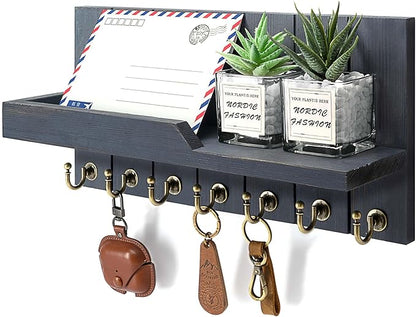 Pine Wood Key Holder Wall Mount for Home Decor - Stylish Key Holder for Wall with Shelf and 7 Key Hooks for Mail Organizer - Rustic key organizer for House & Apartment Essentials(Royal Blue,15-inch)