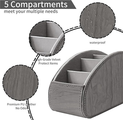 Remote Control Holder, Leather 5 Rooms Desk Organizer and Decorations for Living Room, Bedside Storage Remotes Caddy for TV Controllers/ Makeup Brush Pen/ Office Stationery/ Art Supplies/ Eyeglasses