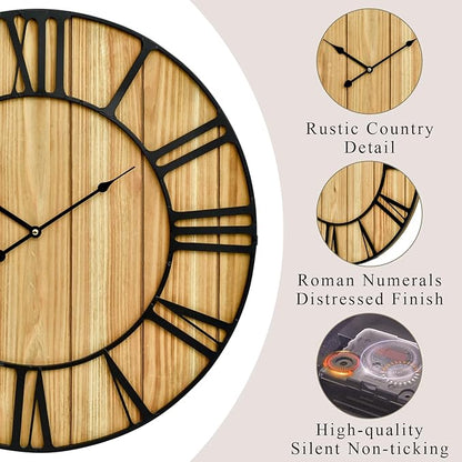 EMAX HOME Large Farmhouse Wall Clock 24 Inch Vintage Brown Wooden Wall Clock with Quiet Ticking and Minimalist Roman Numerals for Bedroom Living Room Office Kitchen Home Decor, Battery Operated