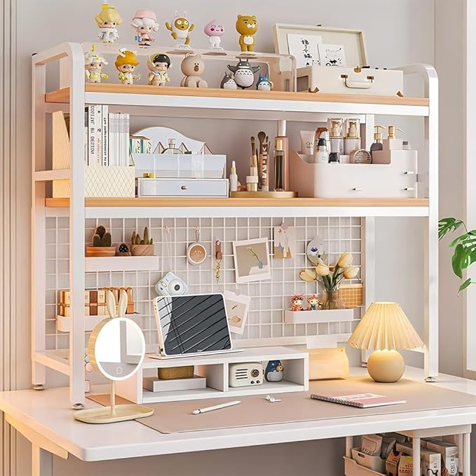 Desktop Hutch Bookshelf, 2-Tier Metal Desk Shelf with Grid Panel, Wooden Desktop Display Rack for Computer Monitor, Countertop Storage Organizer for Office Home Dorm (115cm White)