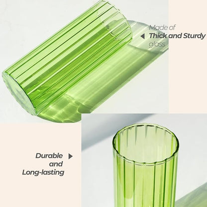 ComSaf Glass Cylinder Vases, Bud Vase for Centerpieces, 8 Inch Tall Ribbed Vase Hurricane Floating Candle Holder, Decorative Flower Vases for Wedding Reception, Home Decor, Housewarming Gift (Green)