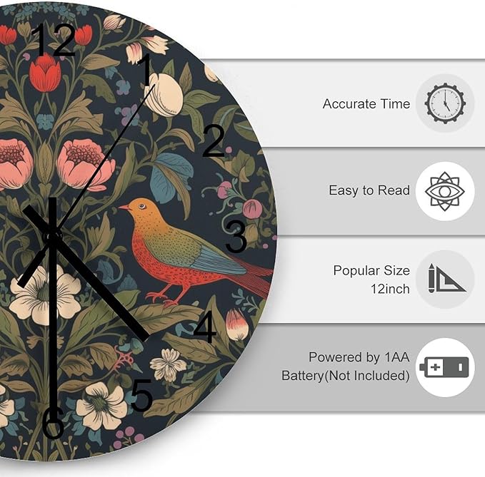 William Morris Wall Clock, Vintage Art Rustic Floral Botanical Bird Round Clocks Wall Decor Silent No Ticking 12 Inch Wooden Clock for Bedroom Living Room Home Office