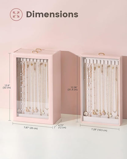 Lolalet Upgraded Double-Sided Hanging Necklace Organizer Box, Jewelry Display Case with Double-Sided Clear Window for Necklaces Bracelets, Tangle-Free Necklace Storage Box, Pink, 2-Layer 40 Hooks