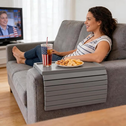 Grey Acacia Wood Couch Armrest Table, Couch Arm Tray, Foldable Anti-Slip Bamboo Couch Tray, Sofa Cup Holder for Drink Snacks Remote Control