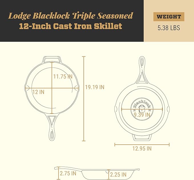 Lodge Blacklock 12" Triple Seasoned Cast Iron Skillet - Lightweight - Easy Cleanup - Premium Cookware