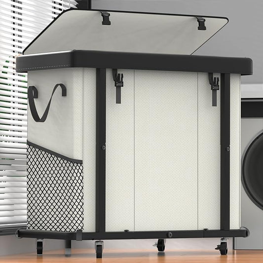 230L (60 Gal) Large Fashion Laundry Basket with Wheels, Leather Patchwork Laundry Sorter 3 Section, Sturdy Metal Frame, Removable Washable Bag, Tall Clothes Sorter for Bedroom - Beige