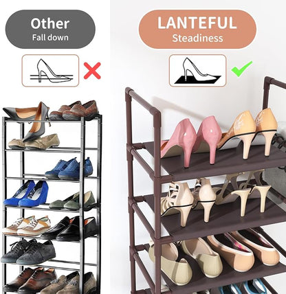 LANTEFUL 10 Tiers Tall Shoe Rack 20-25 Pairs Boots Organizer Storage Sturdy Narrow Shoe Shelf for Entryway, Closets with Hooks, Brown