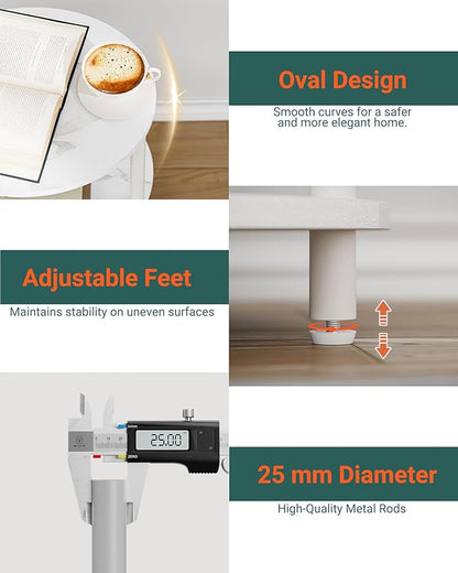 Small Round Side Table - 3-Tier Oval Accent Table for Small Spaces, Rustic Wood and Metal Couch End Table, Nightstand for Bedroom or End Table Living Room, Easy to Assemble, Marble White