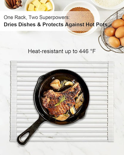Roll Up Dish Drying Rack Over Sink, 16.93" x 12.99" Foldable Silicone Wrapped Stainless Steel Over The Sink Dish Drying Rack, White