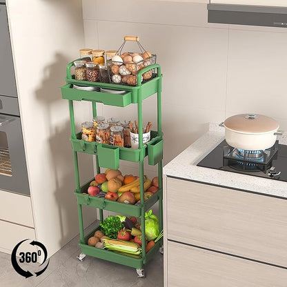 LLMRR 4 Tier Rolling Utility Cart with Drawer, Plastic Storage Organizer Rolling Carts with Wheels Handles Hanging Cups Hooks for Office, Bathroom, Kitchen,Craft Art Room (Green)