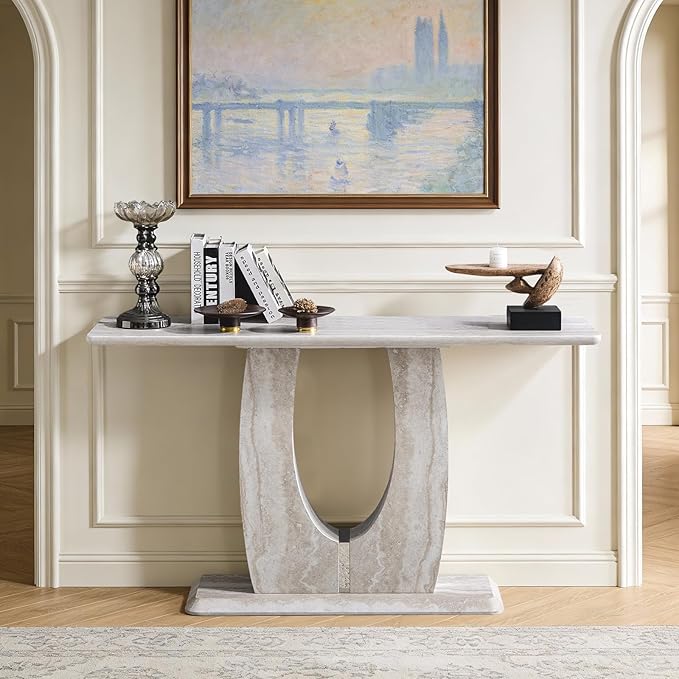 55" Console Table for Entryway, Narrow Sofa Entrance Table with Faux Mars Marble Pattern, Modern Sofa Tables with U-Shaped Base for Living Room, Hallway, Foyer, Home Office, Beige Light