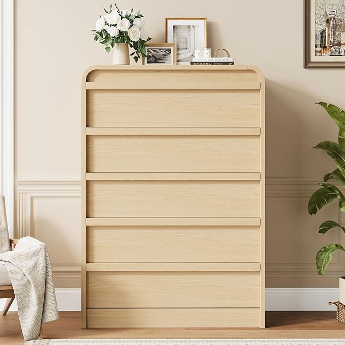 GarveeHome Arched 5 Drawer Dresser for Bedroom, 45in Tall Wooden 5 Chest of Drawers with Curved Profile Design, Modern Closet Storage Organizer for Living Room, Entryway, Nursery - Natural Oak