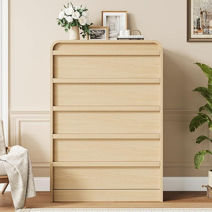 GarveeHome Arched 5 Drawer Dresser for Bedroom, 45in Tall Wooden 5 Chest of Drawers with Curved Profile Design, Modern Closet Storage Organizer for Living Room, Entryway, Nursery - Natural Oak