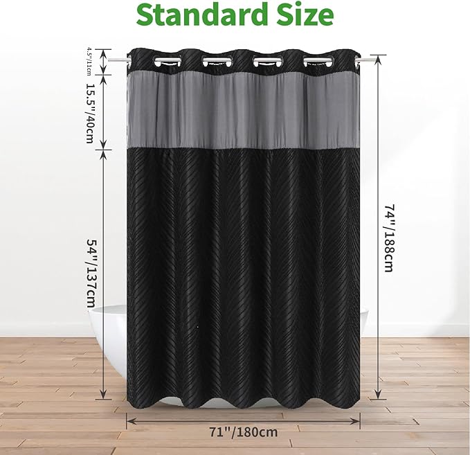 no Hook Shower Curtain and Liner Set，Boho Style with See Through Top Window, Black Fabric Tufted Striped Textured Outer Curtain & Waterproof Inner Liner, DarkBlack, 71Wx74H