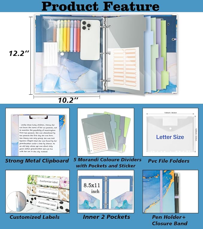 1 Inch 3 Ring Binder Organizer with Clipboard, 5-Tab Pockets Dividers, Clear Folder, 18 Divider Stikers, BVSSX Decorative Three Ring Binder with Pen Loop, Elastic Strap (Blue Marble,Letter Size)