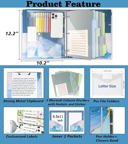 1 Inch 3 Ring Binder Organizer with Clipboard, 5-Tab Pockets Dividers, Clear Folder, 18 Divider Stikers, BVSSX Decorative Three Ring Binder with Pen Loop, Elastic Strap (Blue Marble,Letter Size)