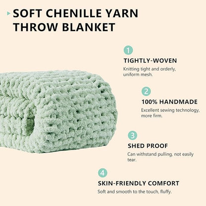 L'AGRATY Chunky Knit Blanket Throw: 60''x80'' Chenille Chunky Knitted Throw Blanket for Bed Couch - Handmade Thick Big Cable Knit Blanket - Large Crochet Rope Blankets for Home Decor(Milky Green)