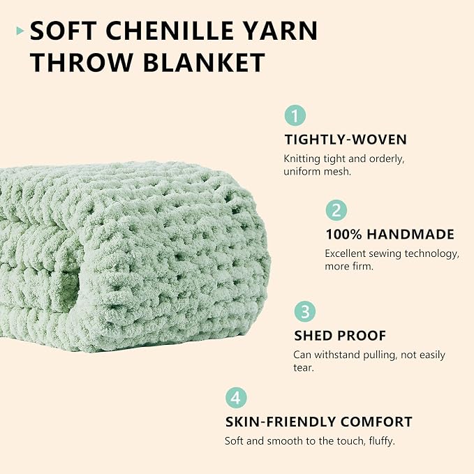 L'AGRATY Chunky Knit Blanket Throw: 50''x60'' Chenille Chunky Knitted Throw Blankets for Bed Couch - Handmade Thick Big Cable Knit Blanket - Large Crochet Rope Blankets for Home Decor(Milky Green)