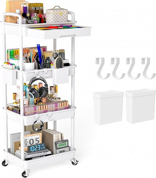 LLMRR 4 Tier Rolling Utility Cart with Drawer, Plastic Storage Organizer Rolling Carts with Wheels Handles Hanging Cups Hooks for Office, Bathroom, Kitchen,Craft Art Room (White)