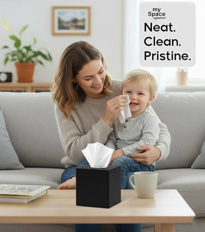 Square Tissue Box Cover | Fits Standard Square Tissue Boxes | Black Tissue Box Holder for Bathroom | Premium Acrylic Tissue Cover | Cube Tissue Holder | 5.3" x 5.3" x 5.5"