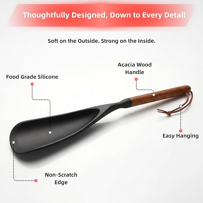 2-Pack Silicone Spoonula with Wooden Handle, BPA-Free Spatula Spoon for Nonstick Cookware, Heat Resistant Cooking Spoon for Mixing, Scraping, Scooping and Serving(Black)