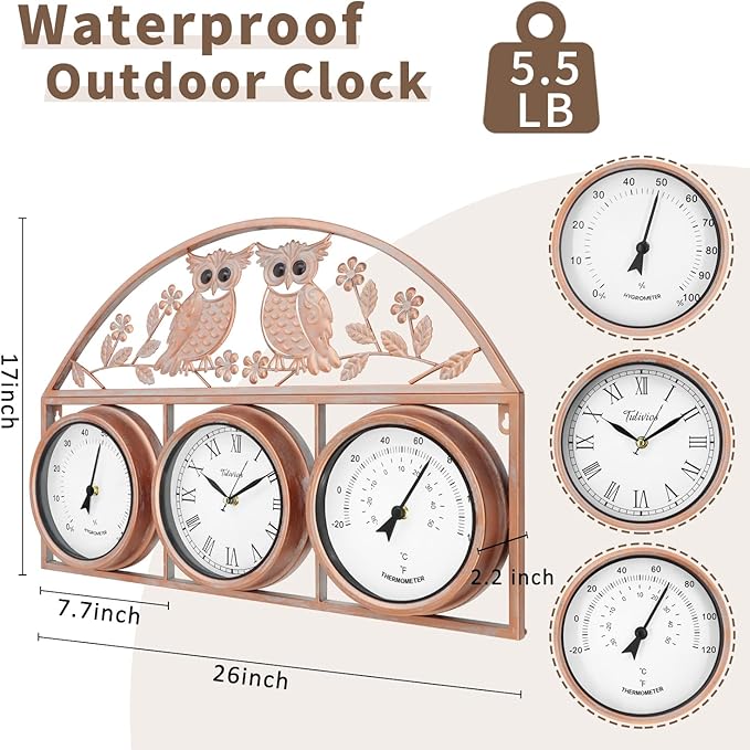 26Inch Large Outdoor Clock,Waterproof Wall Clock with Thermometer and Hygrometer Combo,Weatherproof Non-Ticking Battery Operated Decor Clock for Patio,Garden,Pool,Porch,House Warming Gifts