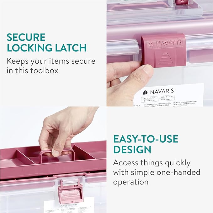 Navaris Plastic Pink Tool Box Set of 2-30.5cm (12") & 38cm (15") - Medicine Storage Boxes with Locking Latch - Organiser Tackle Box with Compartments - Art, Craft, Sewing, & more