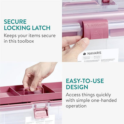 Navaris Plastic Pink Tool Box Set of 2-30.5cm (12") & 38cm (15") - Medicine Storage Boxes with Locking Latch - Organiser Tackle Box with Compartments - Art, Craft, Sewing, & more