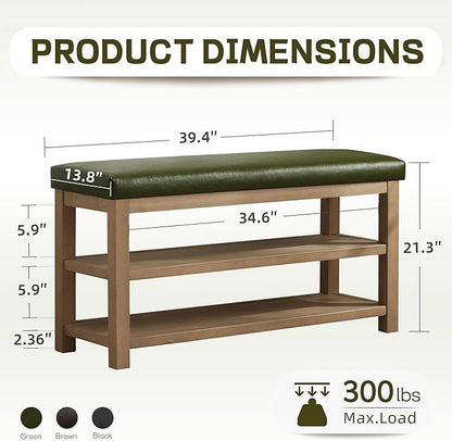 Shoe Rack Bench with Leather Cushion, 2 Tier Solid Wood Storage Bench, Mid-Century Modern Shoe Bench for Entryway, Hallway, Closet, Front Door Entrance, Foyer (Green, 39.4")