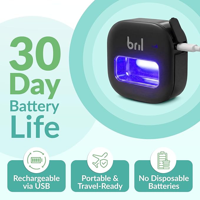 Bril UV-C Toothbrush Sanitizer and Holder – Wall Mounted, Rechargeable, 30-Day Battery, Magnetic Mount, Fits Electric and Manual Brushes, Portable Travel Case, Auto-Shutoff – Black
